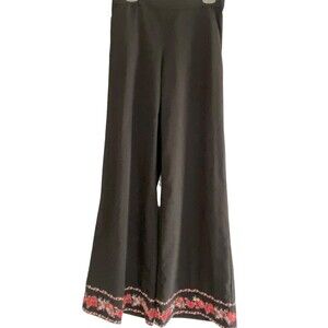 New York & Co Wide Black Floral Trim Leg Pants Palazzo Wide Pockets S Small